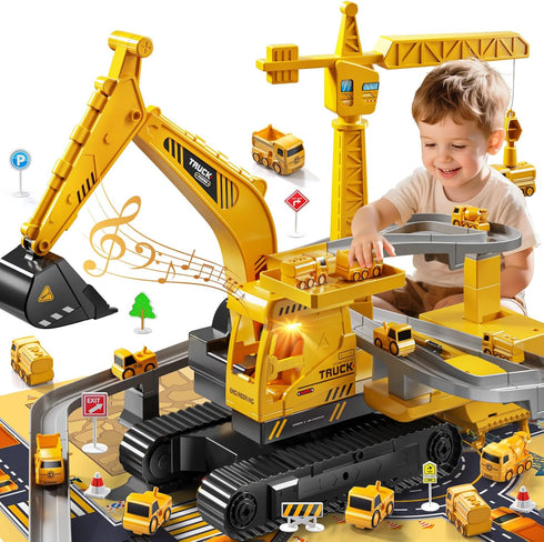 3-5 3 4 5 6 Construction Excavator Toys for Boys Year Old - Engineering Digger Race Tracks with Excavator Crane, Car