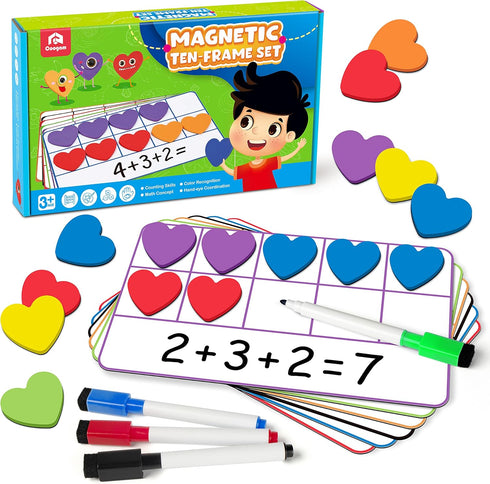 Coogam Magnetic Ten Frame Set - Math Manipulative Games for Kids with 6 Ten Frames, 60 Magnetic Counters, Montessori Toy