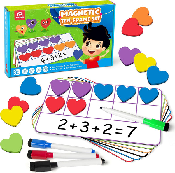 Coogam Magnetic Ten Frame Set - Math Manipulative Games for Kids with 6 Ten Frames, 60 Magnetic Counters, Montessori Toy