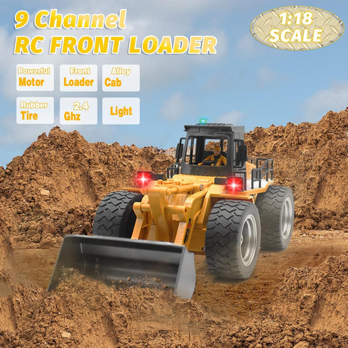 Fistone 9 Channel RC Front Loader, 4WD Alloy Shovel Loader Tractor, 2.4Ghz RC Bulldozer Toy with Lights for Kids 8-12