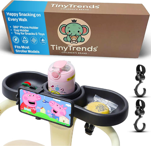 TinyTrends Make Strolls Easier 4-in-1 Stroller Snack Tray with 360 Phone Holder, Cup