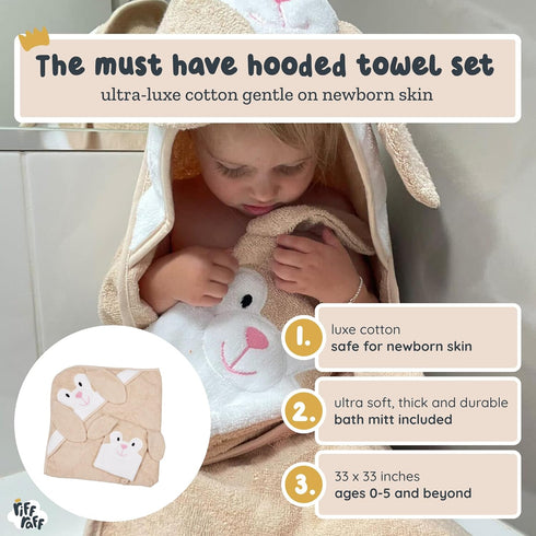 Set Riff Raff Friendly Bunny Hooded Towel - Premium Cotton Baby Towel with Mitt - Ultra Soft Machine Washable Cartoon