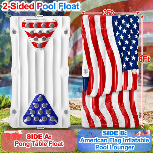 2 1 8 6x3 4th Summer in American Flag Pool Float & Pong Game Table with Balls, Ft Patriotic Inflatable Lounger
