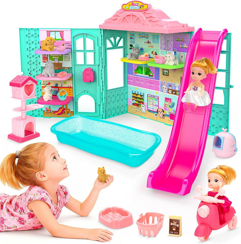 randhar Dollhouse of Pets Toy Play Set, Foldable Pets Doll House with 31PCS