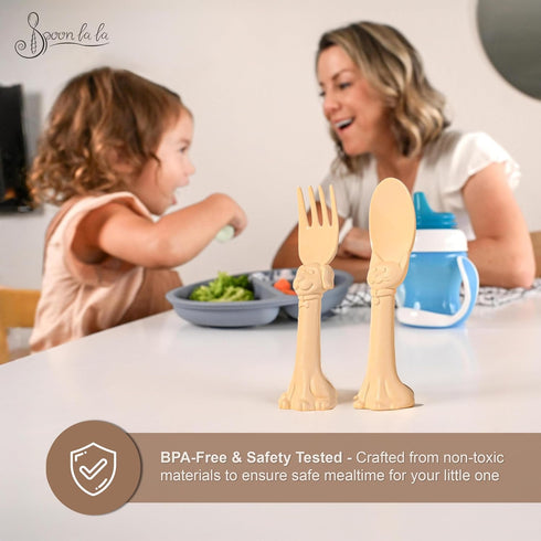 Set 6 Pack (3 3 3D Made in USA Spoon la la Toddler Utensils - Spoons & Forks for Kids) - Self-Standing Ergonomic Cat