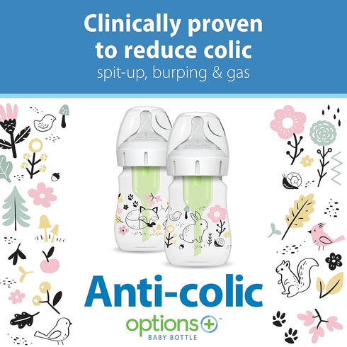5 oz/150 mL, 1 0m+, 2-Pack Dr. Brown's Anti-Colic Options+ Wide-Neck Baby Bottle Designer Edition Bottles, Woodland