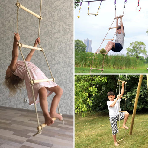 Wooden Climbing Rope Ladder for Kids - Ninja Warrior Obstacle Course Accessory for Swing Set & Treehouse