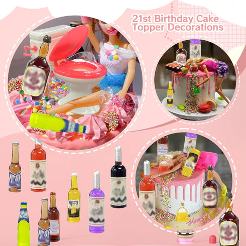 MEMOVAN 1PC Toilet Cake Topper and 21PCS Miniature Wine Bottles Cake Toppers for Bachelorette Party