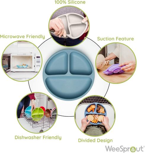 WeeSprout Suction Plates for Babies & Toddlers - 100% Silicone, Dinnerware Stays Put, Divided Design for Picky Eaters, Microwave & Dishwasher Friendly, 3 Pack by WeeSprout