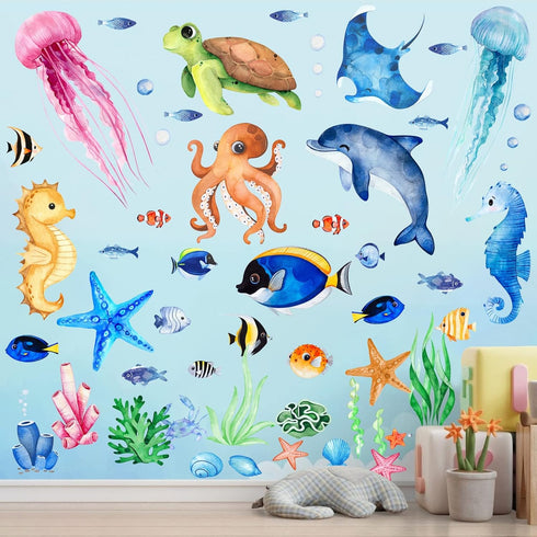 4 Sheets Ocean Fish Wall Decals Stickers, Removable Sea Life Marine Animal Decor for Kids Nursery Bathroom