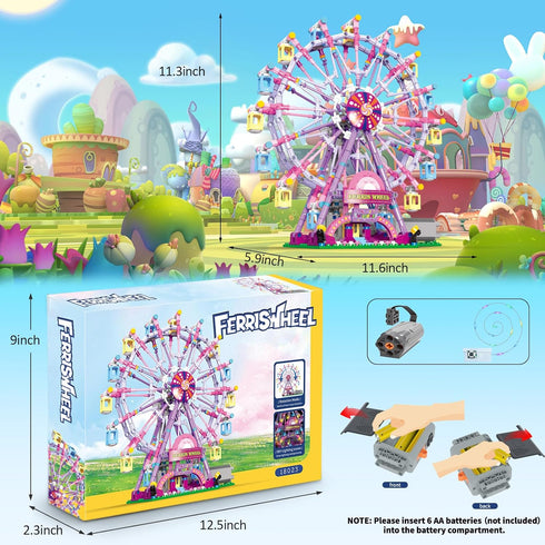 Ferris Wheel Building Block Set with Fairy Light, Two-Way Rotating Ferris Wheel Building Set, 813 Pieces, Amusement