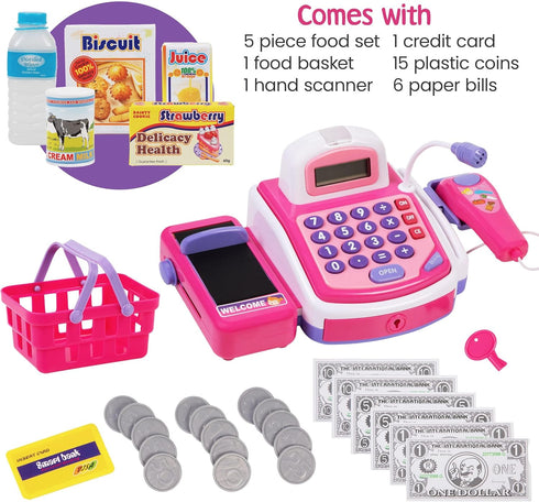 Set Prextex Grocery Store Pretend Play Electronic Toy Cash Register - STEM Cash Register for Kids with Microphone, Play