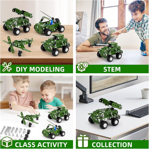 Model Building Kits, Metal Military Toys Model Kit, 4 in 1 Erector Sets for Boys Age 8-12