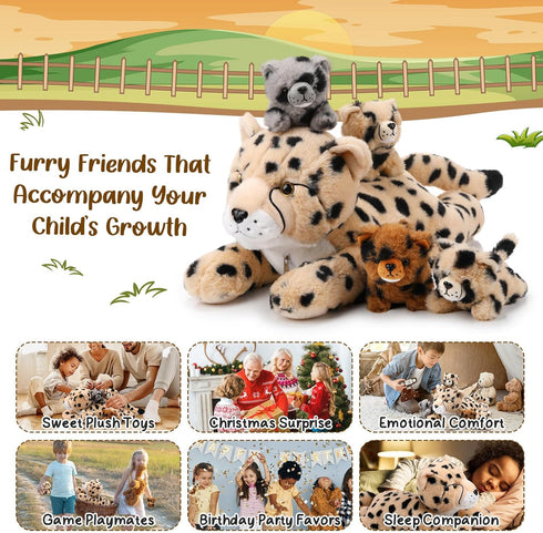 5 Pcs Cheetah Stuffed Animals Set, Large Mommy Cheetah Plush with 4 Soft Cuddly Baby Cubs for Gifts