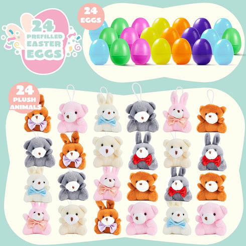 24 JOYIN Pcs Pre-Filled Easter Egg with Plush Bunnies and Bears, Plush Animal Keychain for Kids Easter Egg Hunt, Goodie