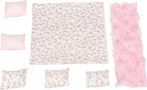 1:12 Set 6-Inch 7-Piece Scale Dollhouse Bedding for Dolls, Pink Comforter, Pillows & Bed Runner, Mini Bed Linen