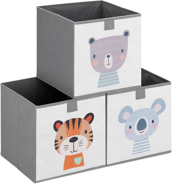 Navaris Kids Storage Cubes (Set of 3) - 11x11x11" Animal Designs - Children's Fabric Organizer Bin - Beige