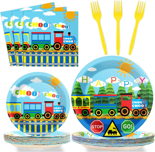 gisgfim 96 Pcs Train Plates and Napkins Party Supplies Train Birthday Party