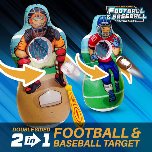 Inflatable Double-Sided Baseball & Football Target Set, Blow Up Toy with Soft Football, Baseball & Inflatable Bat