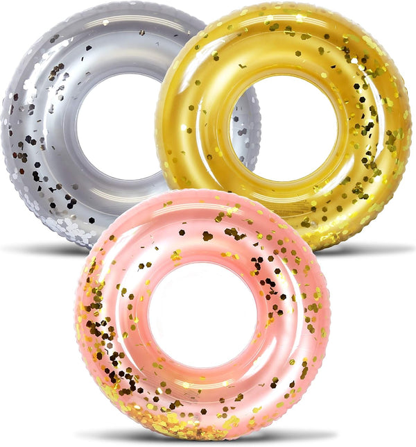 Mozlly Inflatable Pool Floats Tube Set of 3, Silver, Gold, and Rose Gold Premium Fun Confetti Swim Rings for Adults and