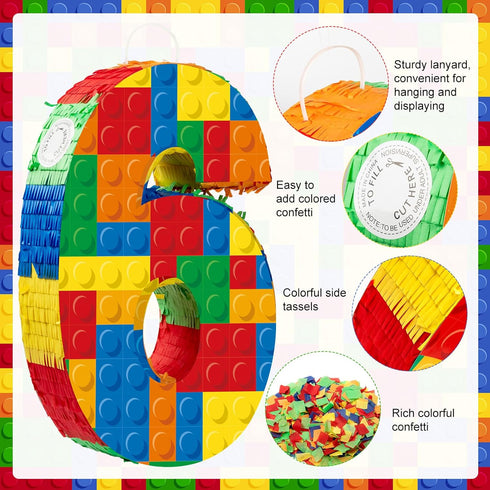Number 6 Building Blocks Piñata, 16.5 Inch Party Supplies for 6th Birthday Decorations, Confetti Blocks Theme