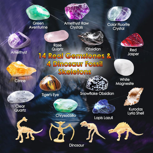 UNGLINGA Gemstone Excavation Kit, Excavate 15 Gems and 4 Plastic Dinosaur Fossil Skeletons, Science Experiments for Kids