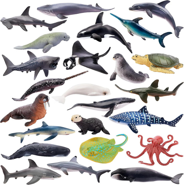 TOYMANY 24pcs Mini Ocean Animal Figurines, Realistic Cake Toppers with Sharks, Whales & Octopus for Kids' Parties and