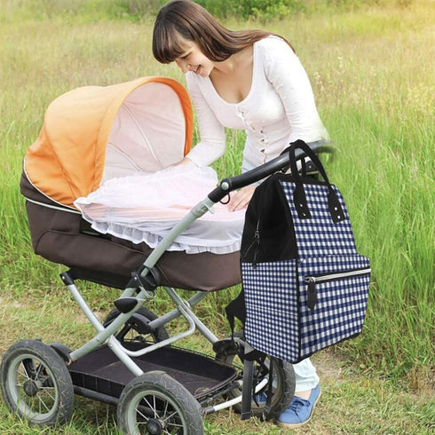Qewfoju 2 Backpack Navy blue Gingham Pattern Diaper Bag Multifunctional Baby Bags for Baby Girls & Boys Large Capacity