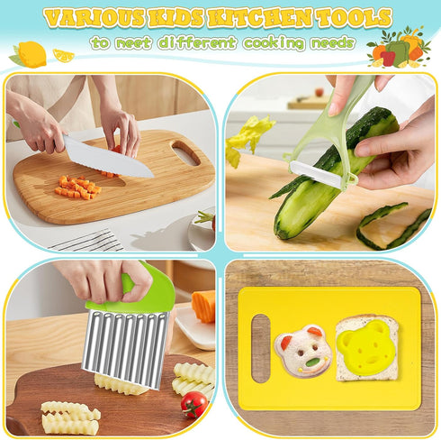 15 PCS Montessori Kitchen Tools, Toddler Knife Set for Real Cooking Kids Kitchen Knife Wooden Safe Knife Serrated Edges Plastic Toddler Knife Cutting Board Aprons Crinkle Cutters by HAIMST