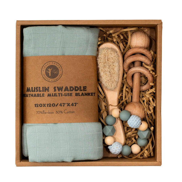 BoxLux Newborn Baby Gift Box with Bamboo Muslin Swaddle Blanket, Wood Rattle Toy
