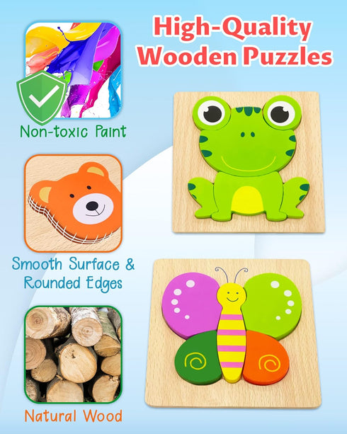 Bekayshad 4 Pack Wooden Puzzles for Toddlers, Animal Jigsaw Toys, Gifts for 1-3 Year Old Boys Girls, Educational