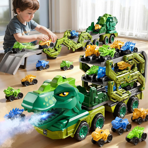 PEADUCK Toddler Car Truck Toys for Kids Ages 3-5, 10-in-1 Dinosaur Carrier Truck