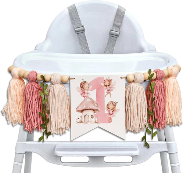 ZAIBIANHAO Fairy High Chair Banner - Mushroom Wildflower Highchair Banner,Yarn Tassel Fairy