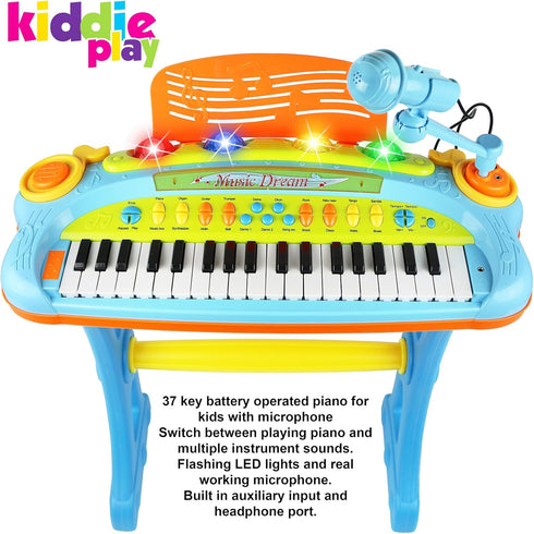 37 3 Kiddie Play Kids Piano Keyboard with Microphone and Stool Key Electronic Musical Instrument Toy with Colorful