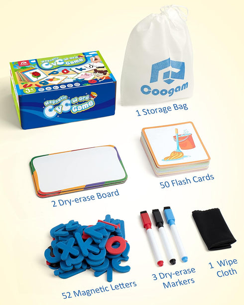 Coogam CVC Sight Words Magnetic Letters Flashcards, Short Vowel Spelling Game for Preschool Kids Learning Supplies
