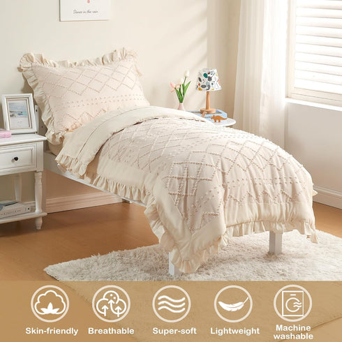 Set 4-Piece Set Set Toddler Bedding for Girls Beige Boho Tufted Toddler Comforter Jacquard Tufts Ruffle Fringe