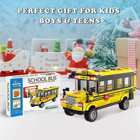 WEMEWEME Set 6+ 488PCS School Bus Building Blocks for Kids Creative Vehicle Toy with Movable Wheels Compatible