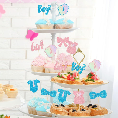 Gyufise 24 Pack Cupcake Toppers, Glitter Onesie Jumpsuit Footprint Bow Tie Picks for Baby Shower Birthday