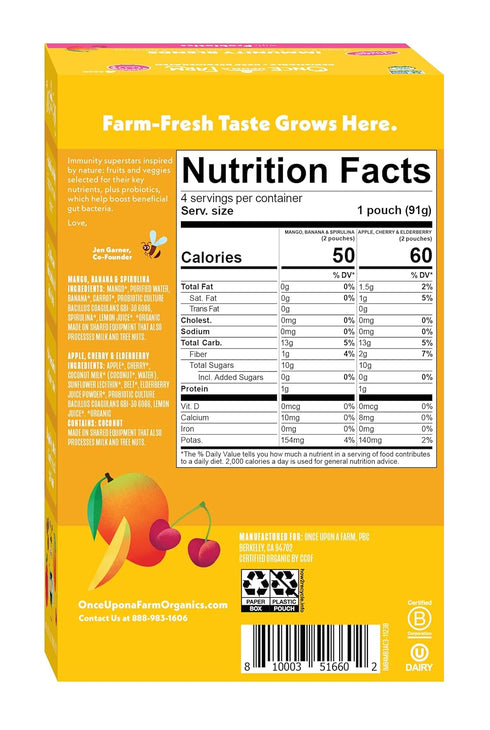 Immunity Multipack, 4-3.2oz Once Upon a Farm Organic Blend Mango, Banana & Spirulina and Apple, Cherry & Elderberry