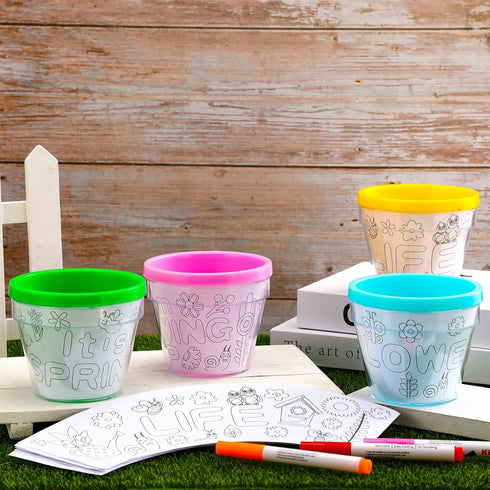 28 16 12 Meanplan Pcs Spring Crafts Spring DIY Flower Pots Paint Your Own Ornament Kit DIY Craft Pot Colorful Markers