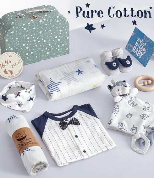 9pcs Set 0-6 Golray Baby Boy Gifts for Baby Shower, Newborn Essential with Fox Lovey/Blanket/Onesie/Wooden