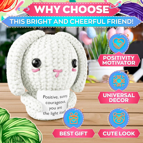 Cozy Soft Handcrafted Crochet Bunny Plush - Rabbit With Positive Message Card, Stuffed Bunny Rabbit Mini Pocket