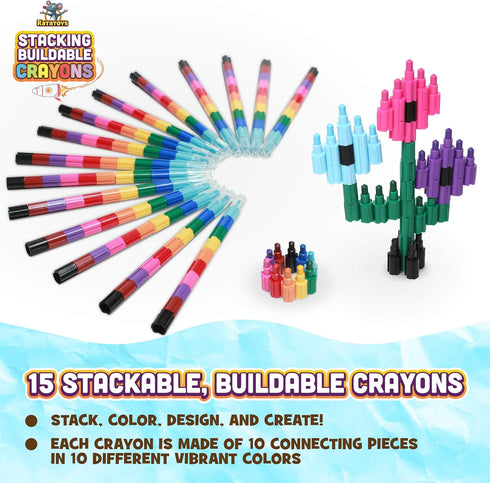 Stacking Crayons, 15 pc Set, Buildable and Stackable for Drawing, Coloring, Arts and Crafts