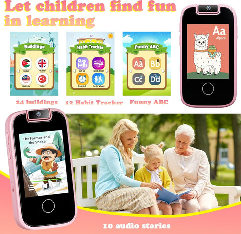 PTHTECHUS Kids Phone Toys - Toddler Touchscreen MP3 Music Player with Dual Camera, Educational Learning Gifts for Ages