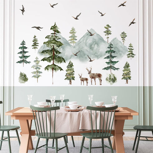 Mountain Wall Decals Large Pine Tree Wall Decals Peel and Stick Forest Tree Deer Birds Woodland Animal Decal Mountain