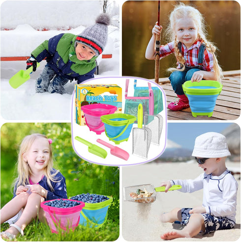 FHOZGECY 2 2 Beach Toys, Sand Toys with Collapsible Bucket, Beach Mesh Shovel, Sand Shovel, Shark Tooth Sifter and Mesh