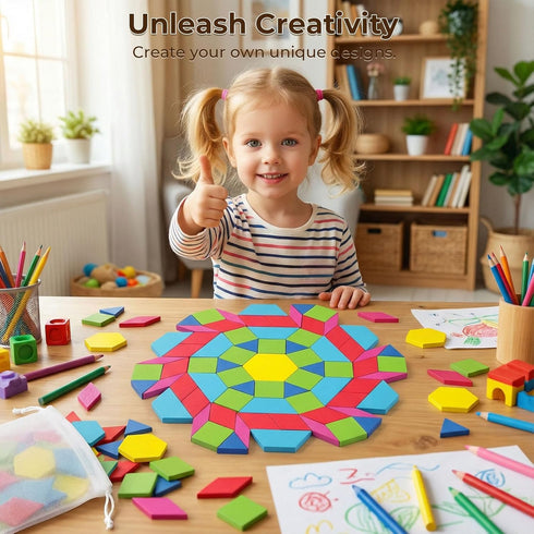 3 150 otters Wooden Pattern Blocks Shapes for Kids, Geometric Tangram Puzzle with Activity Cards, PCS Educational Toy