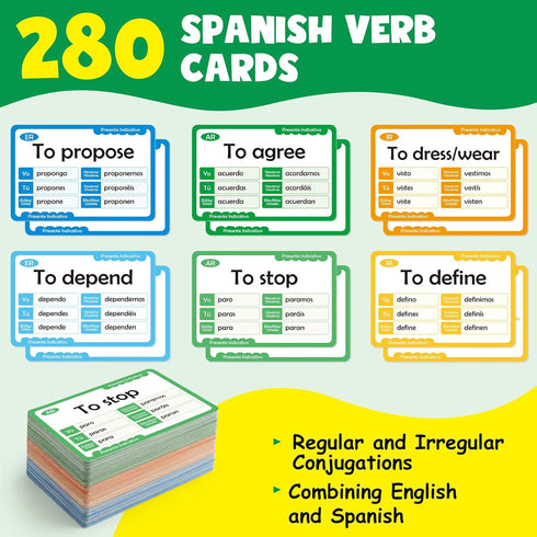 Edulok 280 Spanish Flash Cards for Kids, Spanish Verb Conjugation Book Flashcards, Learn Spanish for Adult Beginners