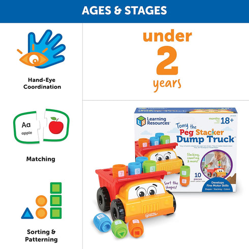 Learning Resources Tony the Peg Stacker Dump Truck, 10 Pieces Fine Motor Skills Toy for Toddlers, Ages 18+ Months