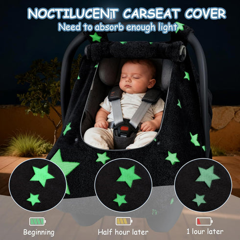 2 Car Seat Cover Baby Boys Girls, Soft Flannel Infant Carseat Cover with Zipper Windows, Star Carrier Cover Canopy Glow